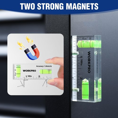 WORKPRO Small Level, 3 Inch Mini Level Tool, Magnetic Level with 2 Different Bubbles 90°/180°, Shatterproof Cross Check Bubble Level, Pocket Level for Picture Hanging Tool