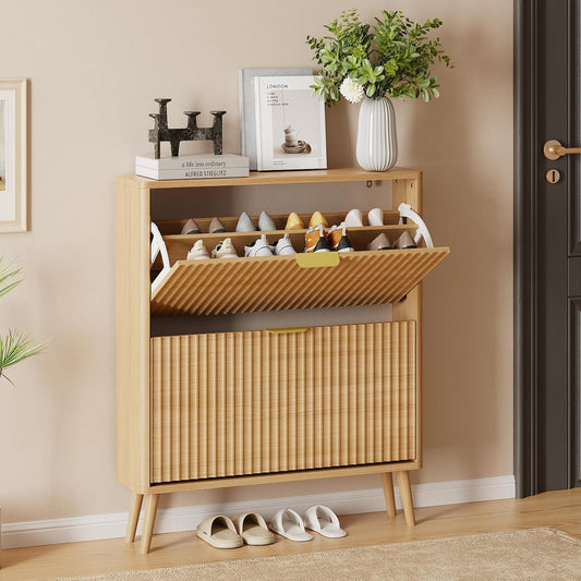 Narrow Shoe Storage Cabinet, Freestanding Shoe Cabinet Organizer for Entryway, Hallway (Oak, 4 Flip)