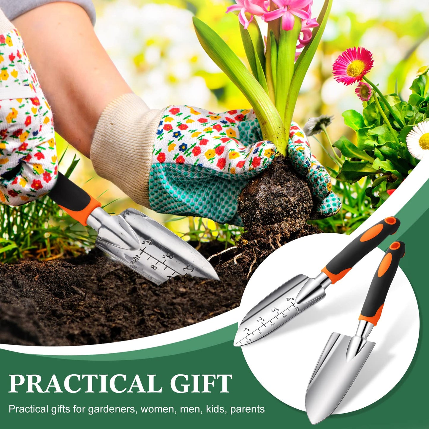 Honoson Garden Hand Trowel Transplant Trowel with Measurements Aluminum Alloy Planting Tools with Rubber Handle Small Gardening Hand Tools Shovels for Gardening Cultivating Transplanting Supplies