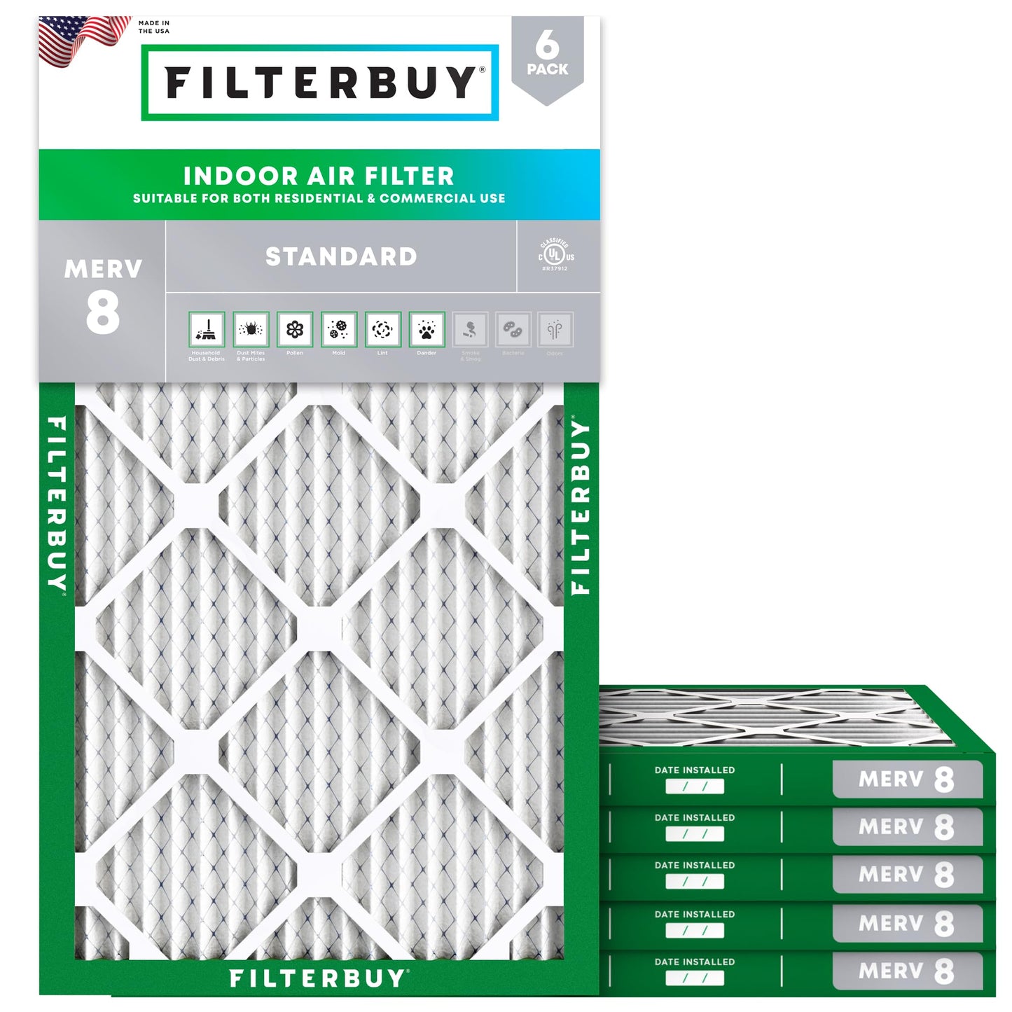 Filterbuy 16x32x1 Air Filter MERV 8 Essential Dust & Allergy Defense (6-Pack), Electrostatic Pleated HVAC AC Furnace Filters Replacement, Made in USA (Actual Size: 15.50 x 31.50 x 0.75)