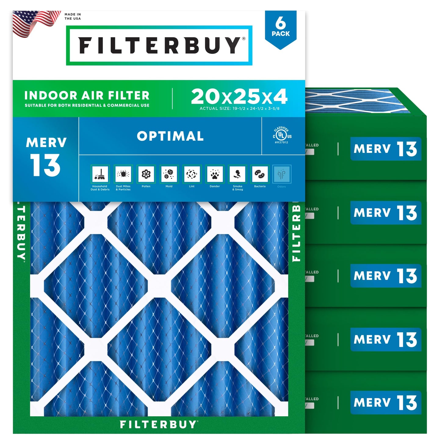Filterbuy 20x25x4 Air Filter MERV 13 Optimal Smoke & Allergy Defense (6-Pack), Electrostatic Pleated HVAC AC Furnace Filters Replacement, Made in USA (Actual Size: 19.50 x 24.50 x 3.63)