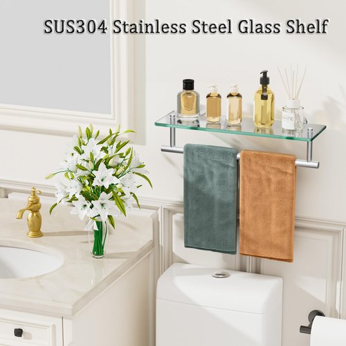Alise Glass Shelves for Bathroom, 15.7 Inch Floating Glass Shelves for Wall,SUS304 Stainless Steel Floating Shelves for Bathroom, Toilet Room Decoration Brushed Finish GDL400BAR-LS