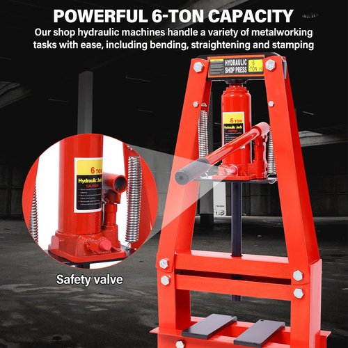 6 Ton Hydraulic Press, 6 Ton Benchtop Hydraulic A-Frame Shop Press with Press Plates Adjustable Working Table Height, Hydraulic Shop Press for Car Repair and Garage, Red