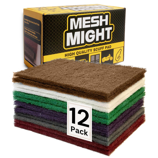 MeshMight 12-Pack 6"x9" Non-Woven Scuff Pads Multi Pack- Aluminum Oxide Abrasive for Scouring, Sanding, Paint Primer Prep - Automotive, Auto Body, Woodworking, Surface Preparation (Multi)