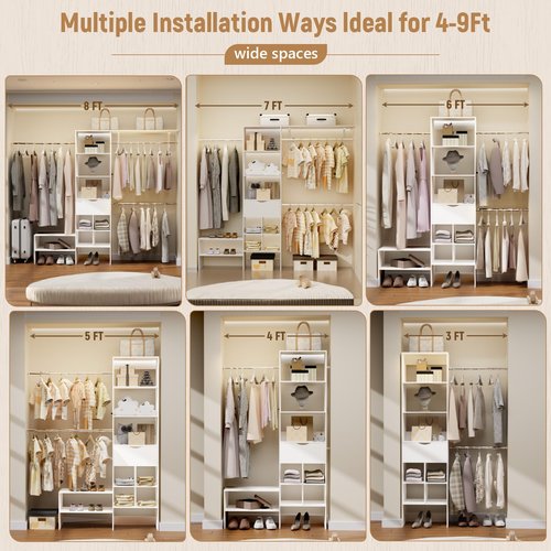 Benass Wood Closet Organizer System, Closet Organizer with 3 Hanging Rods & 1 Wooden Drawer – Adjustable Closet System for Walk-In Closets, Wood Shelves, Fits Spaces 3-8ft, Pure White