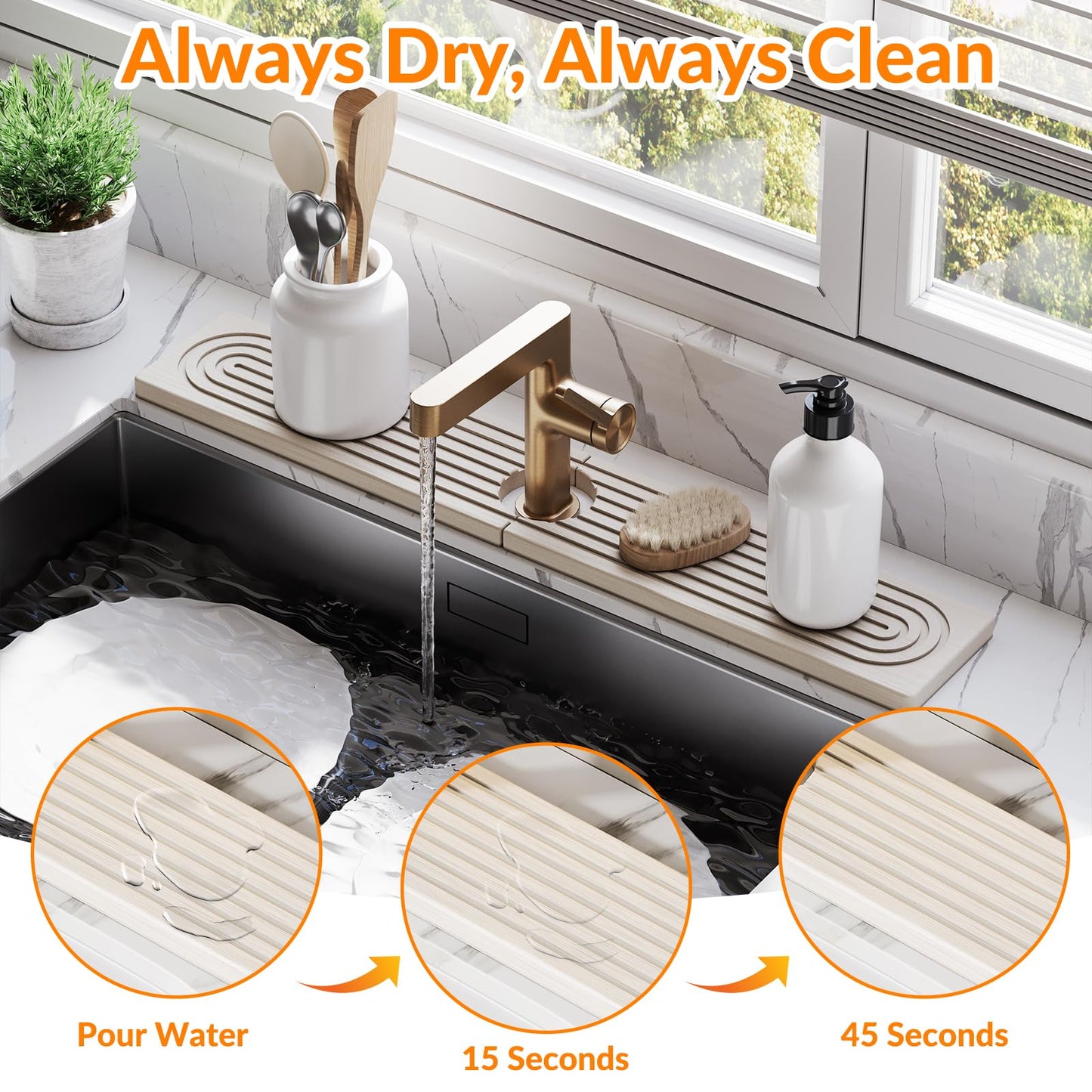 23.6 Inch Stone Faucet Mat for Kitchen Sink Splash Guard, Diatomite Sink Protectors for Kitchen Sinks Behind Faucet, Quick Dry Water Absorbing Stone Tray , Drip Catcher (White, 23.6" x 3.9")