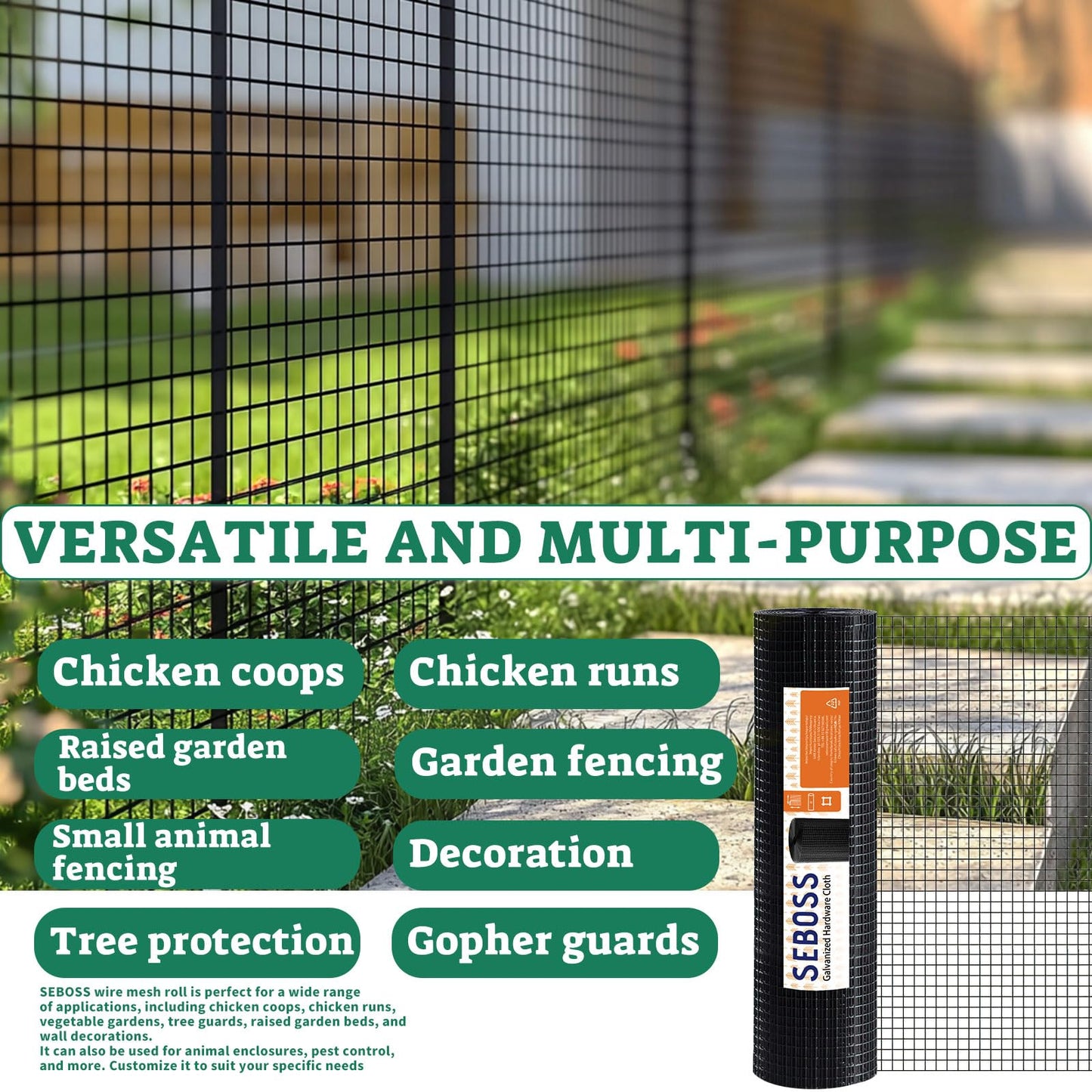 SEBOSS Black Hardware Cloth 1/2 inch 48 x 100 Ft 19-Gauge, Vinyl Coated Wire Mesh Roll, Chicken Wire Fencing, Garden Fencing, Welded Wire Fence Roll, Wire Mesh Fencing