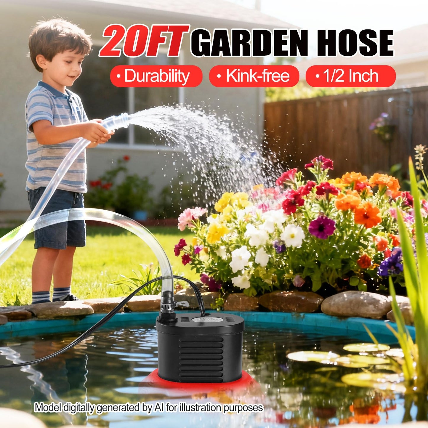 FIDISP Pool Cover Pump, 850 GPH Water Pump for Pool Draining With 4 Hose Adapters, 20 FT Drain Hose, 25 FT Power Cord, Pool Cover Pumps Above Ground for Drainage of Pool Covers, Ponds and Tubs(Red)