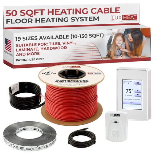 LuxHeat 50sqft Floor Heating Cable Kit - 120v Heated Flooring Under Tile - Heated Flooring System Includes UDG4 Programmable Thermostat w/GFCI, Under Floor Heating Cable, Strapping, Sensor & Alarm