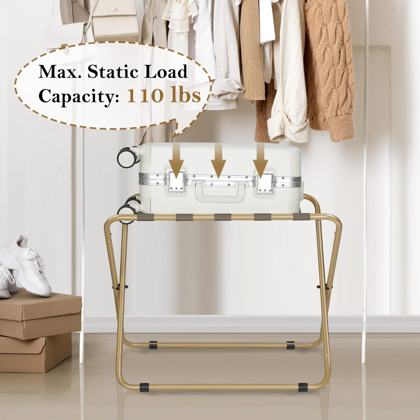 ELYKEN Luggage Rack for Guest Room 2 Pack, Folding Suitcase Stand, Heavy Duty 110LBS Load Bearing Easily Assemble Luggage Holder, Gold