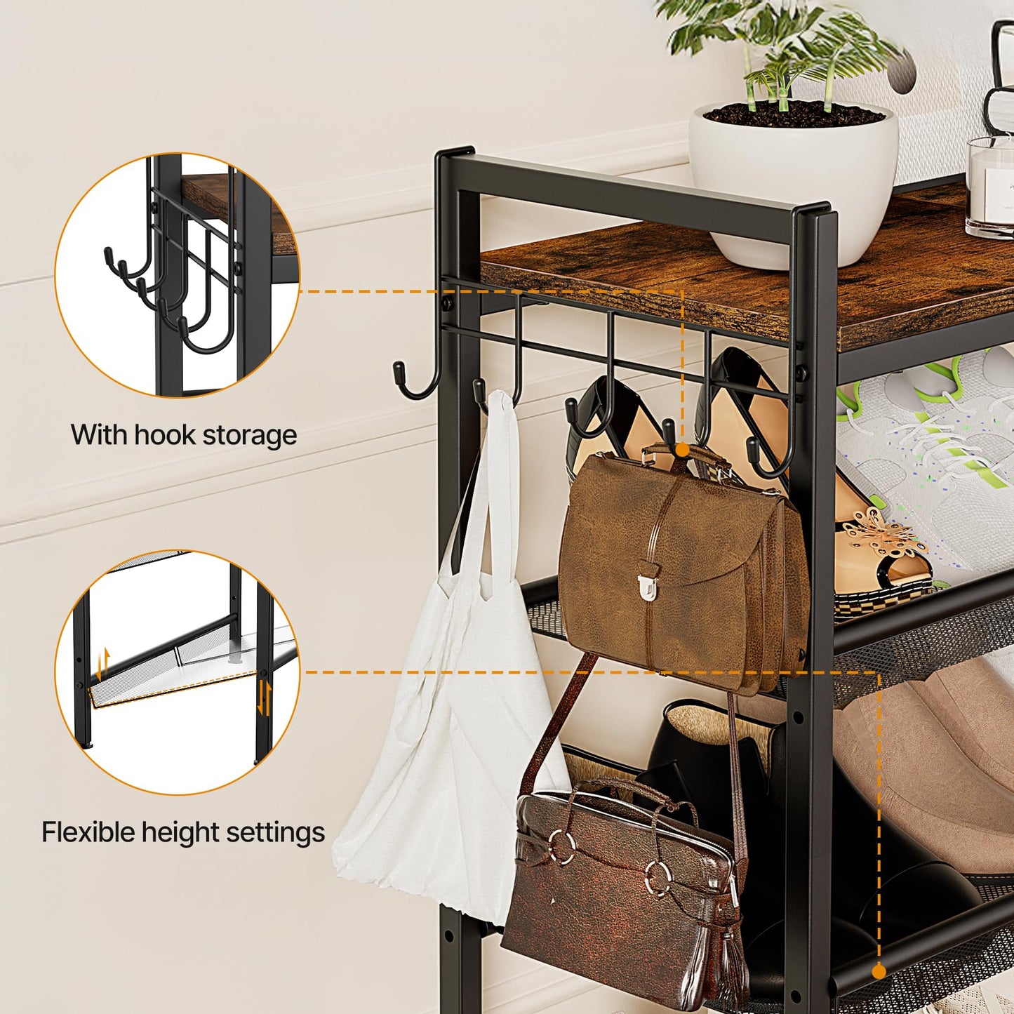 neatevday 4 Tier Shoe Rack, Shoe Rack for Front Door Entrance with Hook, Shoe Organizer with Adjustable Mesh Shelves, Metal Shoe Rack for Entryway, Closet, Bedroom Living Room Garage
