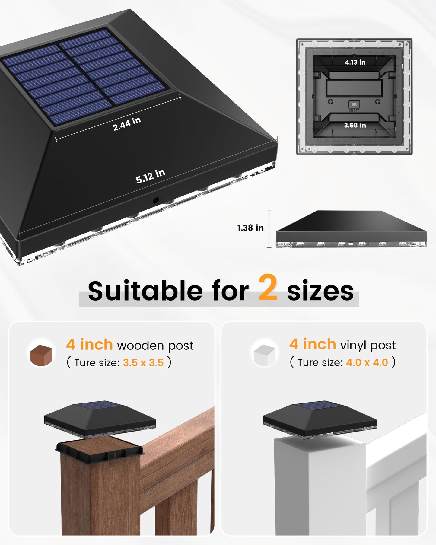 VOLISUN 4x4 Solar Fence - Post Lights Outdoor Waterproof 8pack, Deck Cap Light for 4x4 Wooden/4x4 Vinyl,Black Solar Fence Post Cap Light for Garden/Patio/Porch