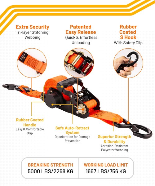 Strapinno 2PCs Retractable Ratchet Tie-Down Straps,5,000 lbs Break Strength- 2 in x 12 ft Heavy Duty Ratchet Strap with Safety Lock S Hooks for Motorcycles, ATVs, UTVs, Lawn Equipment & Cargo-Orange