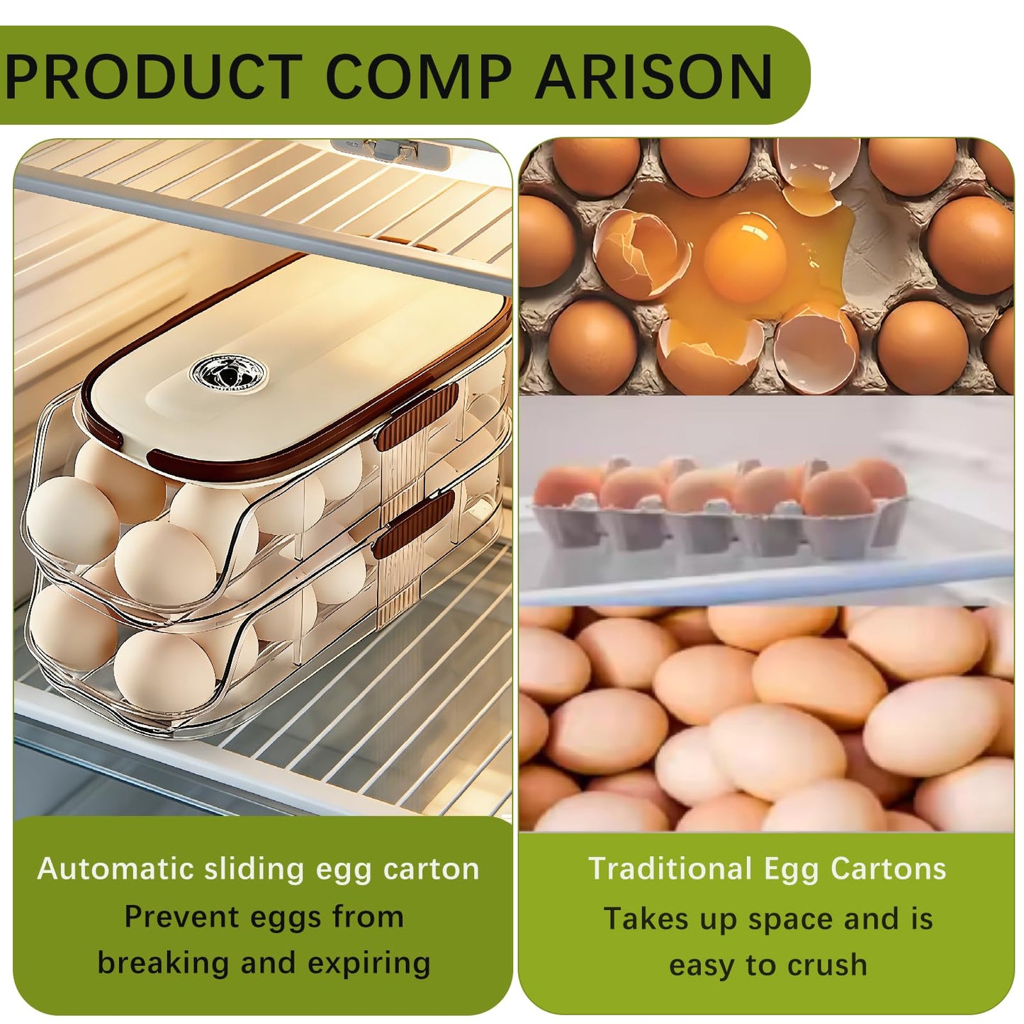 Egg Holder for Fridge with Lid and Handle, Automatic Rolling Egg Container for Refrigerator, Stackable Egg Organizer for Refrigerator, Countertop, Kitchen & Outdoor Use,Pantry Storage, Timed Freshness