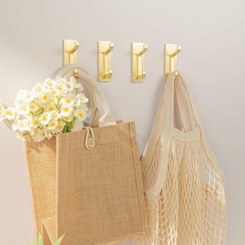 Josmimic Self Adhesive Wall Hooks for Hanging: Extra Strong 13 LB, Hook for Coat, Towel in Bathrooms, Shower, Kitchen, Wall, Door Hook, Gold 4 Pack