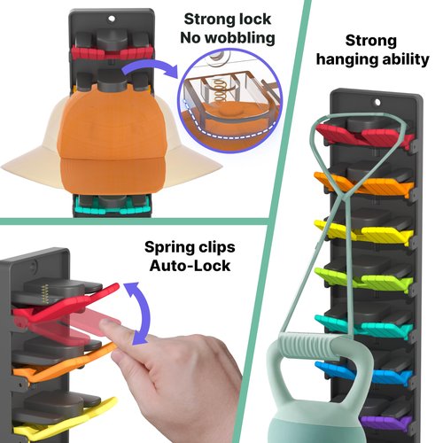 BRUBEQO Hat Organizer for Baseball Caps 2 Packs with Built-in Spring Clips - Wall Mount Closet Hat Rack Holder, Adjustable Storage for Door/Closet Display Hat Racks Hanger (Strong Adhesive & Screws)