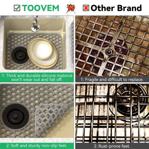 TOOVEM Kitchen Sink Mats, 2PCS Non-Slip Heat Resistant Silicone Sink Protector Mat, Folding Farmhouse Rear Drain Sink Mats, Side Drain, Grey