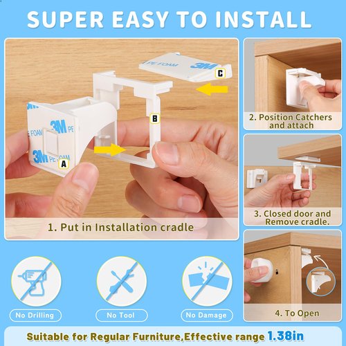 12 Pack Magnetic Cabinet Locks Baby Proofing - Baitiny Child Proof Cupboard Drawers Latches - Adhesive Easy Installation