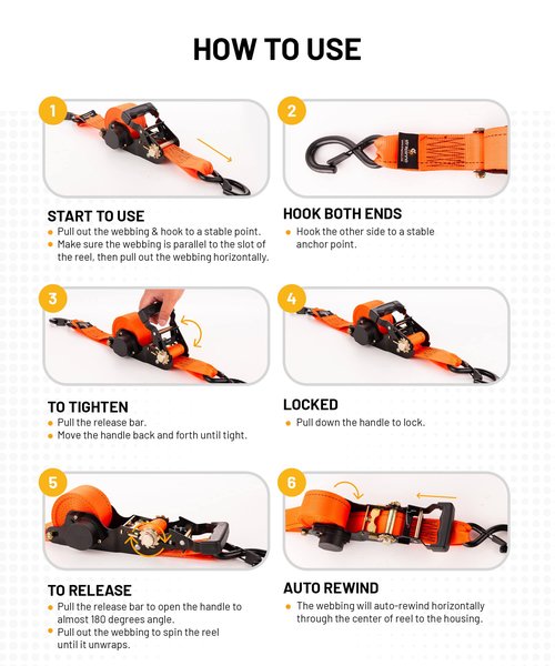 Strapinno 2PCs Retractable Ratchet Tie-Down Straps,5,000 lbs Break Strength- 2 in x 12 ft Heavy Duty Ratchet Strap with Safety Lock S Hooks for Motorcycles, ATVs, UTVs, Lawn Equipment & Cargo-Orange