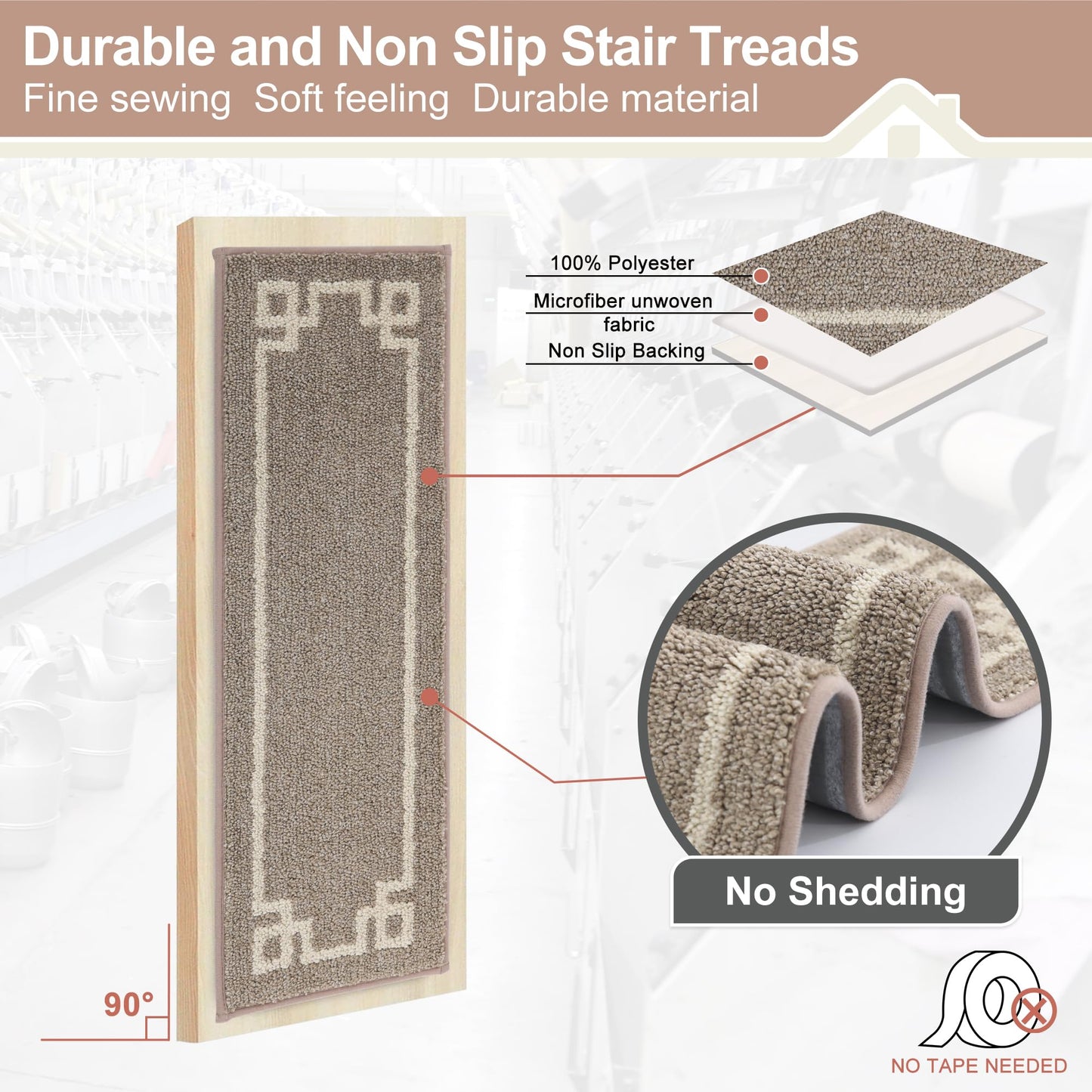 BEQHAUSE Stair Treads for Wooden Steps Non Slip Washable Carpet Stair Treads with Reusable Residue Free Backing Soft Polyester Stair Rugs Indoor for Kids Elders and Dogs, 15pcs,Taupe