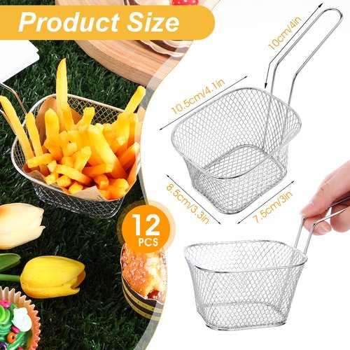 MBAIYO 12 Pcs Mini Square Fry Basket, Stainless Steel Fry Baskets with Handle for French Fries Onion Rings Snacks - Reusable Deep Fryer Holder Fryer Container for Kitchen Restaurant Barbecue Party