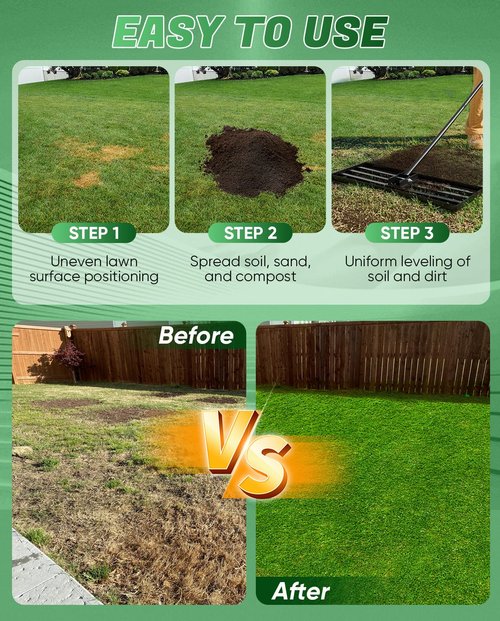 Saker Lawn Leveling Rake 30x10 Inch, 73-Inch Heavy Duty Lawn Leveler Tool with Stainless Steel Handle for Lawns, Backyard, Garden, Golf Course, Farm - Black