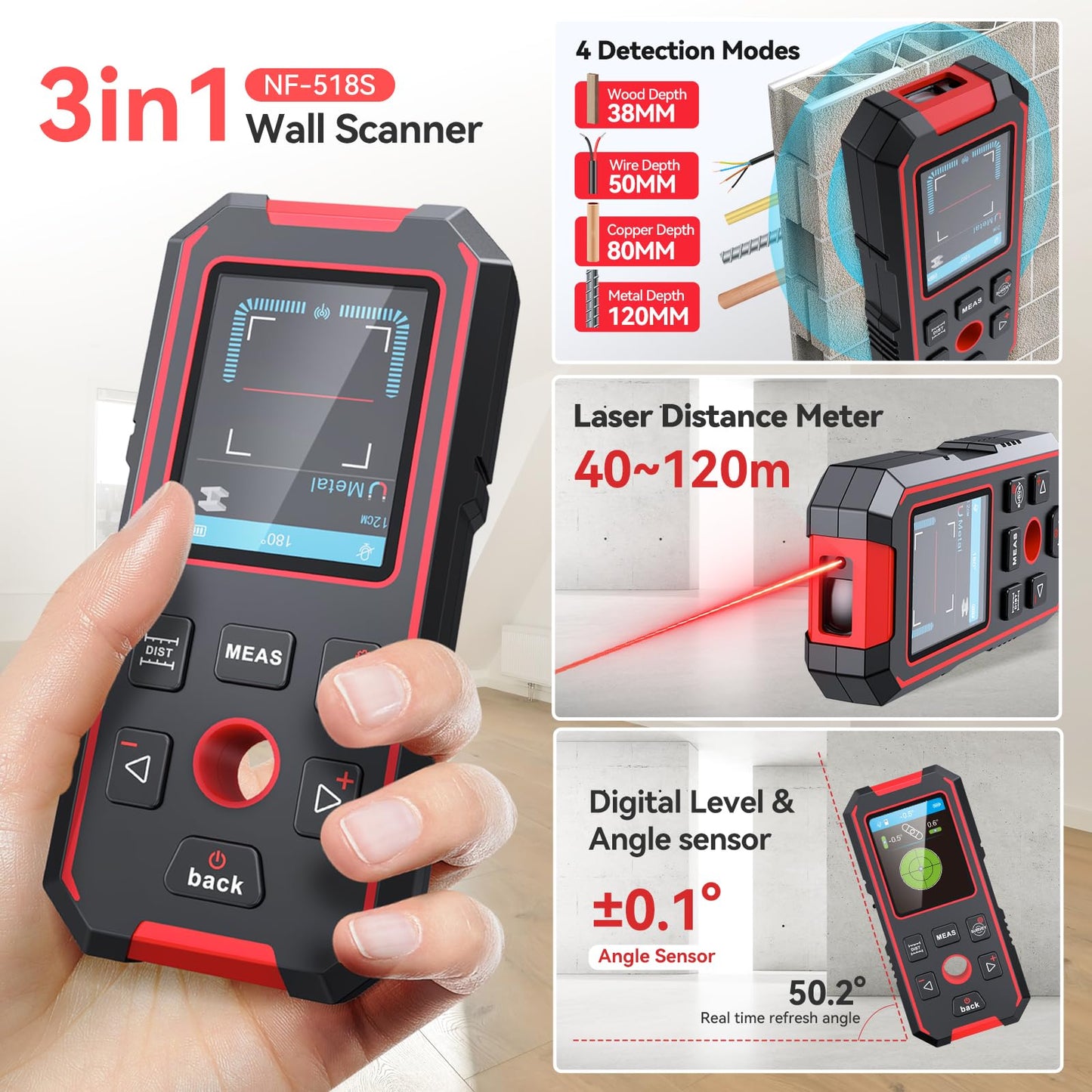 NOYAFA Stud Finder Wall Scanner, 3 in 1 Stud Finder & Laser Distance Meter & Digital Level, Rechargeable Wall Detector for Wood AC Live Wire Metal Studs Detection, Laser Measure 60M/196ft