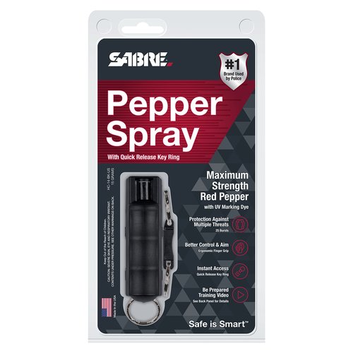 SABRE Pepper Spray, Maximum Police Strength OC Spray, Quick Release Keychain for Easy Carry and Fast Access, Finger Grip for More Accurate and Faster Aim, 0.54 fl oz, Secure and Easy to Use Safety