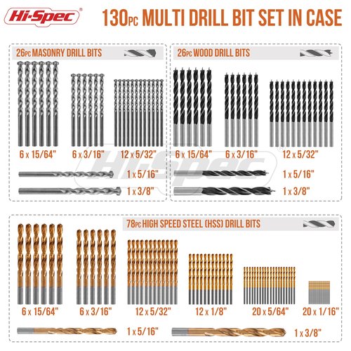 Hi-Spec Drill Bit Set 130pc Multi SAE – 11 Sizes 1/16in to 3/8in – HSS Titanium, Masonry & Brad Point Steel Bits – Drill Bits for Metal, Wood, Plastic, Drywall, Brick & Concrete – with Tray Case