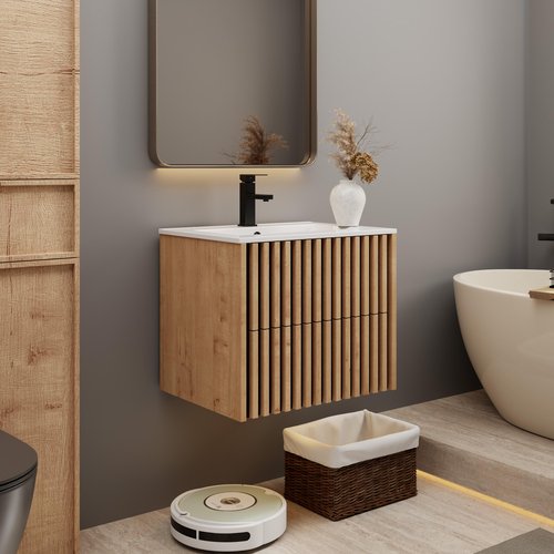 eclife 24" Floating Bathroom Vanity with Sink Combo, Modern Wall Mounted Cabinet with 2 Fluted Drawers, Undermount Sink, Faucet, Drain, Mixed Natural