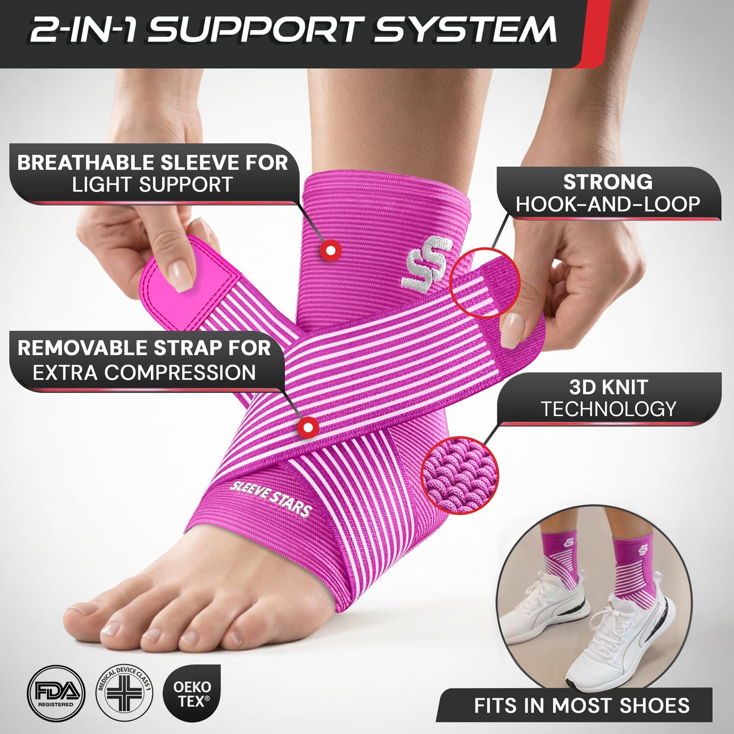 Sleeve Stars Ankle Brace for Women & Men, Ankle Wrap for Sprained Ankle, Compression Sleeve for Plantar Fasciitis Relief, Easy Customizable Support: w/Removable Strap (Single/L:12"-13"/Hot Pink)