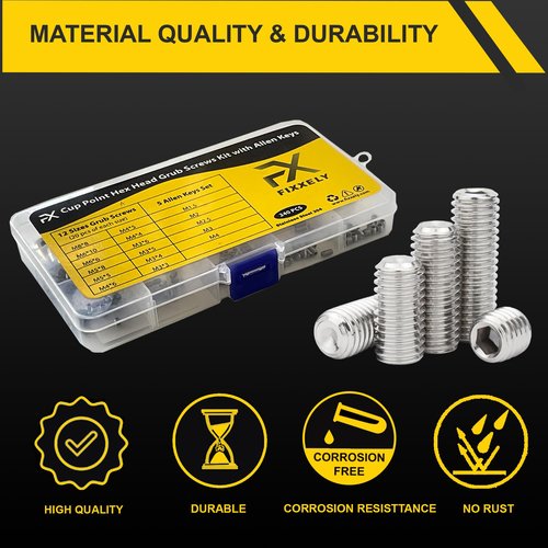 FIXXELY Set Screws Assortment Kit (M3, M4, M5, M6, M8) with Allen Keys – Durable 240 Pcs Metric Cup Point 304 Stainless Steel for Bathroom Fixtures, Door Knobs, Faucets, Plumbing, and More
