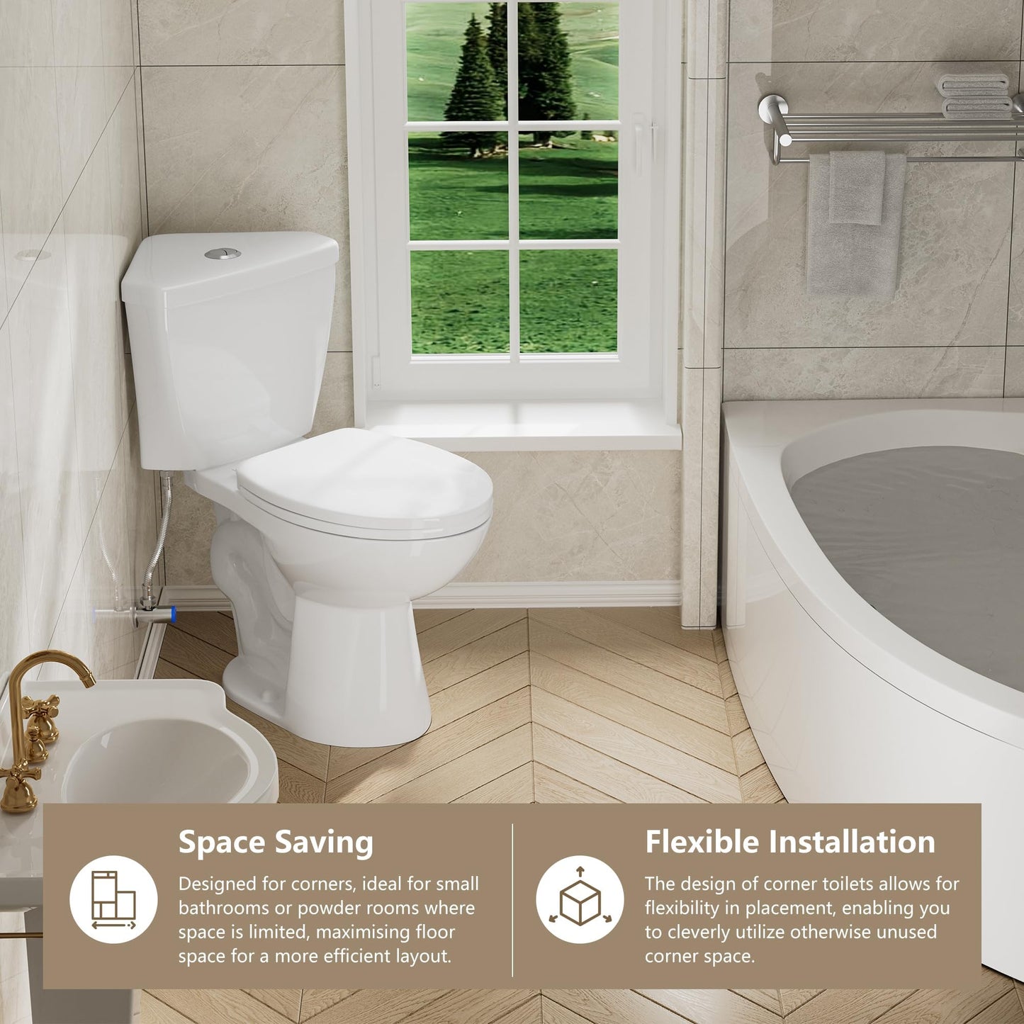 SUPERFLO 17.2" Corner Toilet Elongated, Compact Two-piece Toilets with Comfort Height Toilet Bowl & Slow Close Seat, Small Toilets For Small Bathroom-Dual Flush 0.8/1.28 GPF