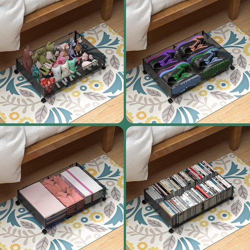 TUMUCUTE Under Bed Storage, Underbed Storage Containers with Wheels, Metal Under the Bed Storage, Under Bed Storage Organizer for Shoe, Clothes, Blankets, Bedding, 2 Packs