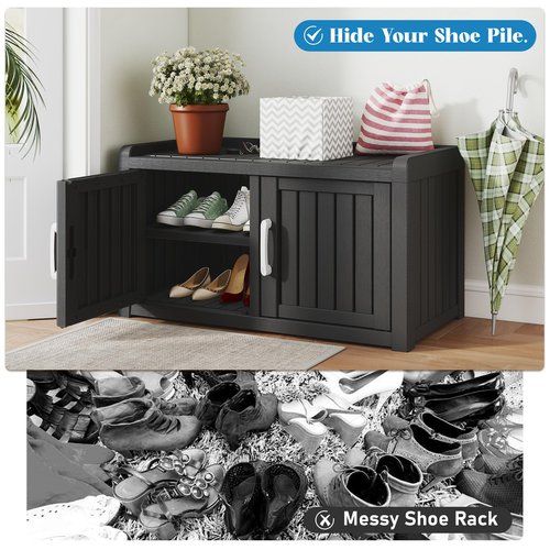 KAMABOKO Outdoor Shoe Storage Cabinet, Waterproof UV-Resistant Entryway Storage Bench Indoor Outdoor with 2 Barn Doors, Adjustable Shelves for Entryway, Bedroom, Hallway,Living Room(Black)