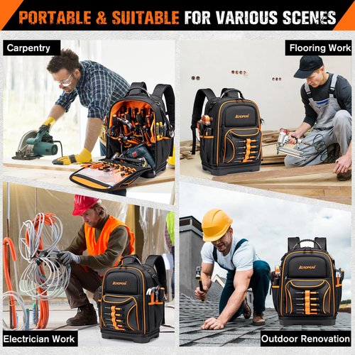 73 Pockets Tool Backpack Heavy Duty for Men Women, Hvac Tool Backpack, Tool Bag Backpack with Laptop Compartment, Waterproof Molded Base, 1680D, Durable Multi-Use Pocket for Electrician Construction