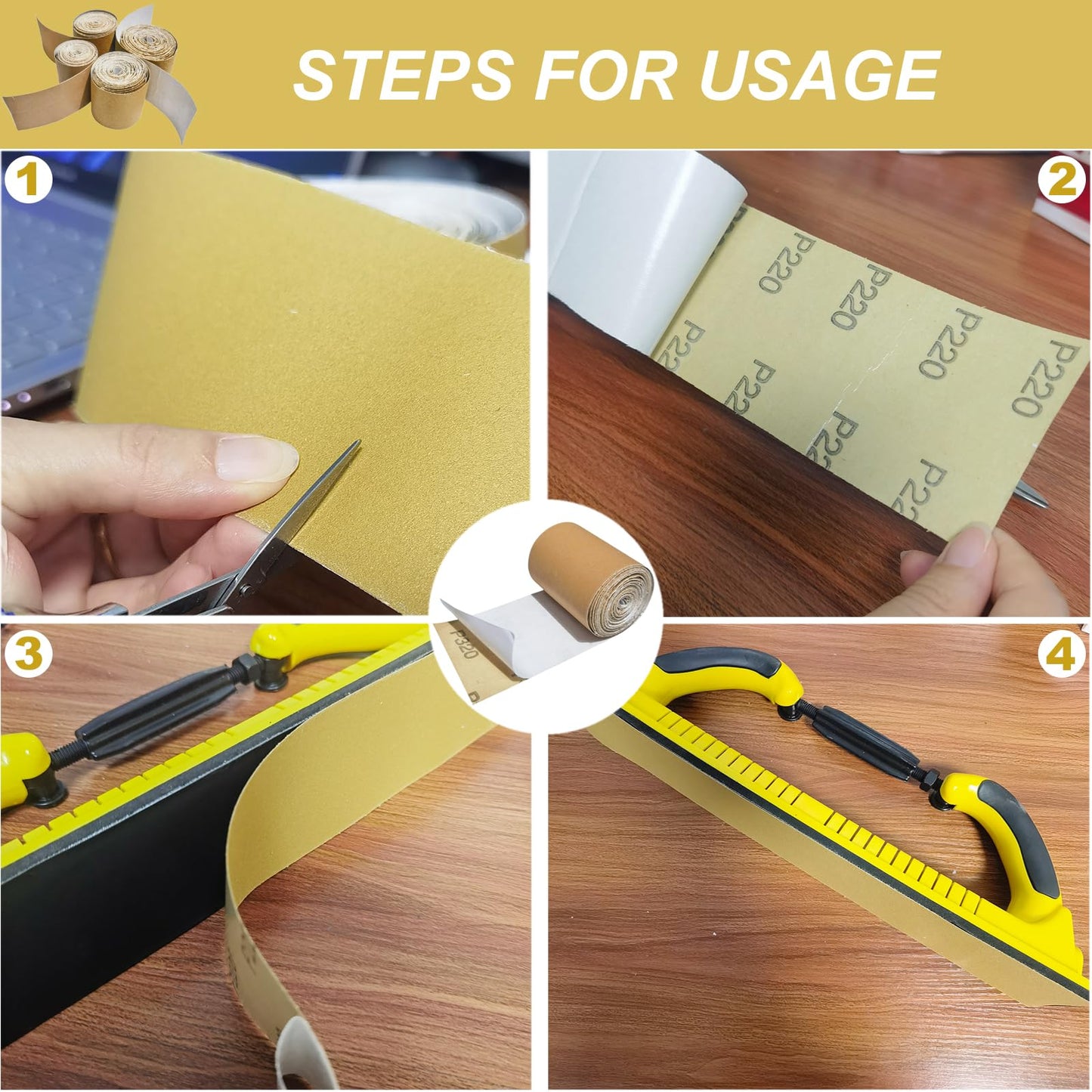 Total 20 Yards Long Continuous Roll Kit - 80 120 220 320 Grit PSA Longboard Sandpaper, 2-3/4" Wide - Self Adhesive Stickyback Sandpaper for Automotive, Woodworking, Hand Sanding Blocks