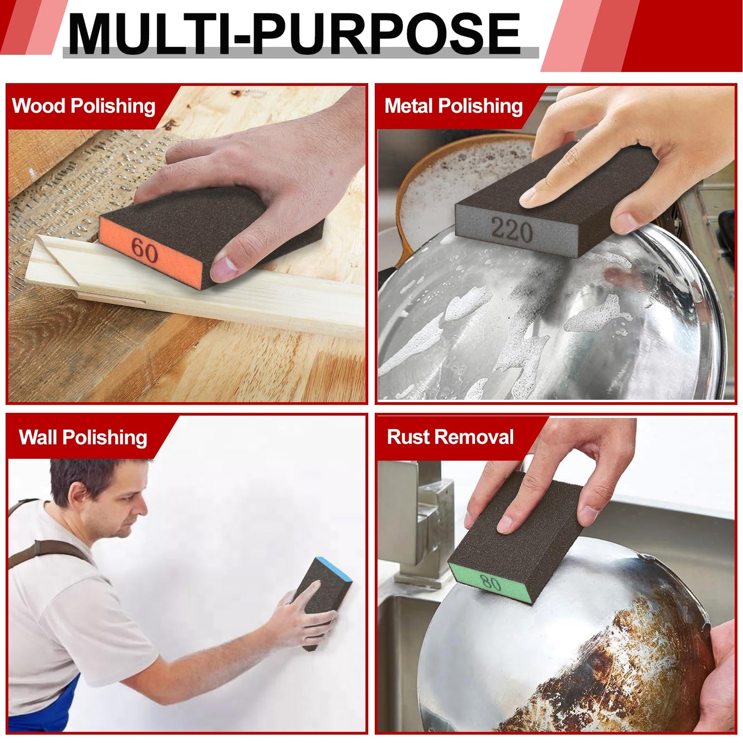 YNZDRWA 8 Pack Sanding Sponge, Washable and Reusable Sanding Blocks for Drywall Wood Metal Furniture, 60/80/120/220 Grit Sandpaper Block Assortment