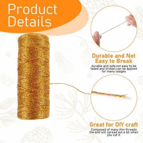 HJZHII 2 Pcs Gold String, 1 mm Diameter 328 Feet 3937 in Glitter Twine Gold Yarn Thread Twine for Baker Gift Wrapping Christmas Ornaments Holiday Decorations DIY Crafts