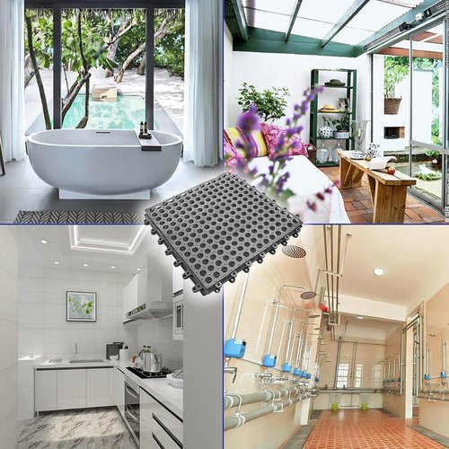 16Pack Drainage Interlocking Tiles, 12”x12” Non-Slip Pool Bathtub Drain Tiles for Flooring, Soft PVC Splicing Modular Cushion Mat, Vented Floor Tiles for Locker Room Basement Stairs