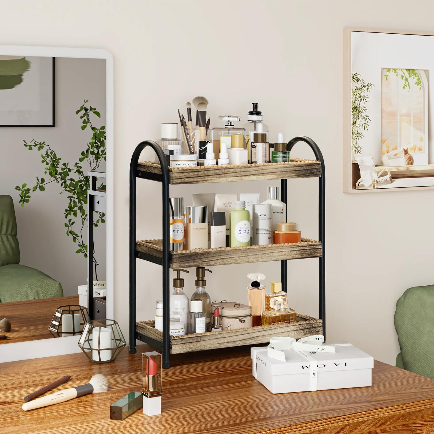 YIJUYO 2-Tier Bathroom Countertop Organizer, Wood Bead Storage Shelf, Mordern Tray, Bathroom Shelf and Decor, Vanity Tray for Living Room, Kitchen (3 Tier)