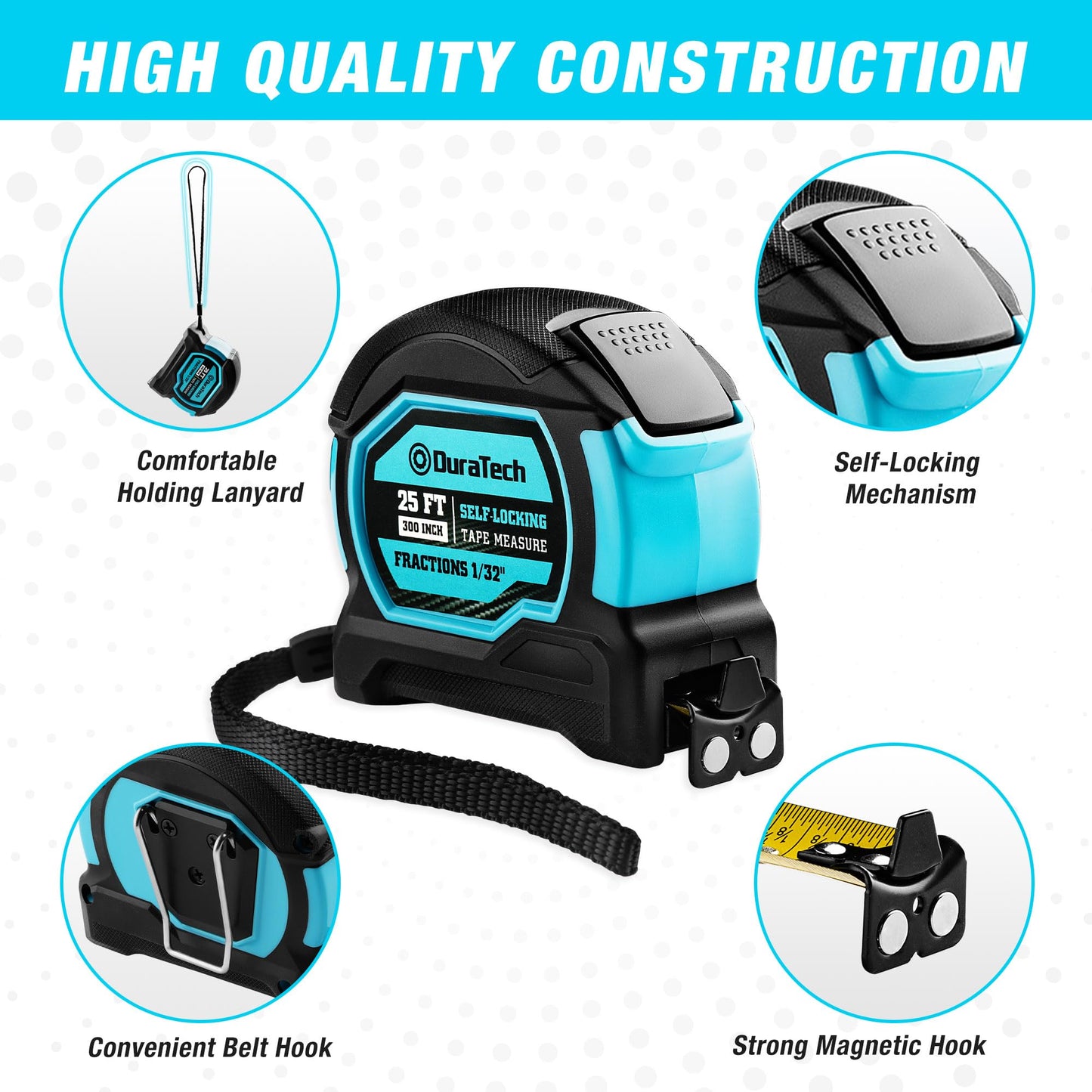 DURATECH 25FT Auto-Lock Tape Measure, Easy Read Magnetic Measuring Tape with Fractions 1/8″, Double Sided Measurement Tape with Minimum Scale 1/32″, Magnetic Hook, and Rubber Protective Casing