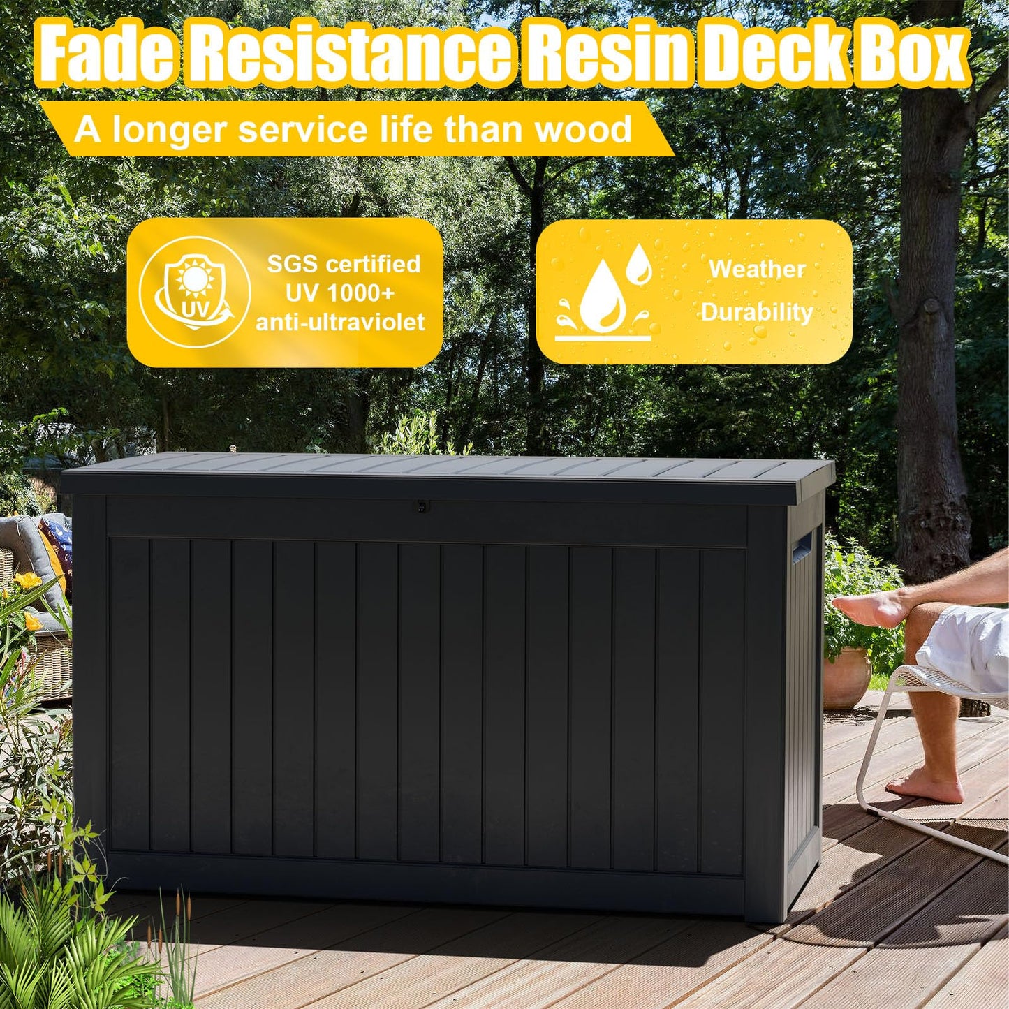 PatioZen 280 Gallon Outdoor Deck Box,Waterproof Resin Outdoor Storage Boxes, Outside Storage Lockable Container for Garden Tools,Indooor Cushions,Accessories (Black)