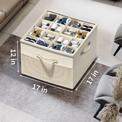 Aokeyee Shoe Organizer for Closet, 2 Pack Foldable Shoe Storage Organizer Box Bin with Adjustable Dividers and Clear Cover, Fits up to 16-32 Pairs (Beige)