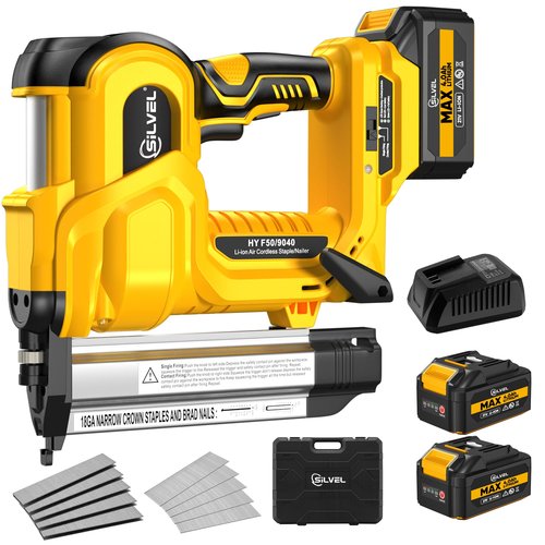SILVEL 18 Gauge Cordless Brad Nailer, 2 in 1 Cordless Nail Gun/Electric Stapler, 2 * 4.0Ah Battery Powered Nail Gun, Fast Charging for Woodworking,Home Improvement, YELLOW
