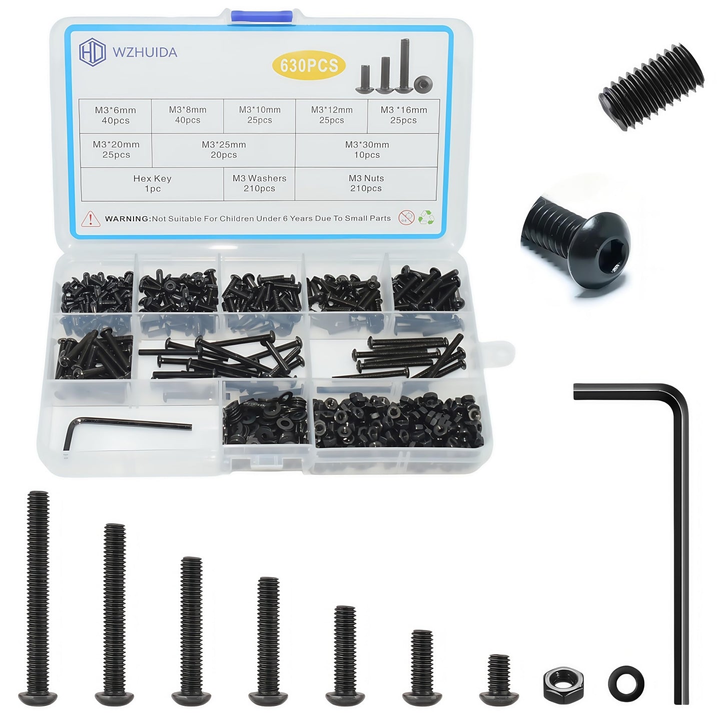 WZHUIDA 630 Pcs M3 Screws Assortment Kit, M3x6mm/8mm/10mm/12mm/16mm/20mm/25mm/30mm, Metric Hex Button Head Socket Cap Screws Nuts Washers Kit with Wrench, Black Zinc Plated