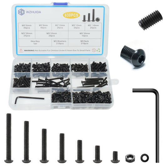 WZHUIDA 630 Pcs M3 Screws Assortment Kit, M3x6mm/8mm/10mm/12mm/16mm/20mm/25mm/30mm, Metric Hex Button Head Socket Cap Screws Nuts Washers Kit with Wrench, Black Zinc Plated