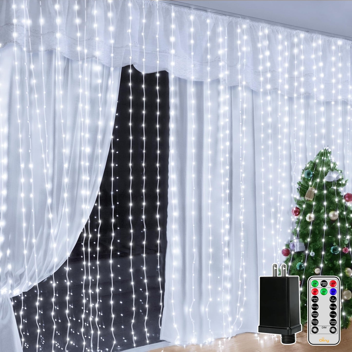 Ollny Curtain Lights 600LED 19.7ft x 9.8ft, IP67 Waterproof Outdoor Curtain Rice Lights with Remote, Plug-in Untangle Fairy Curtain Light with 8 Modes 3 Timers for Wall Backdrop Decor(Cool White)