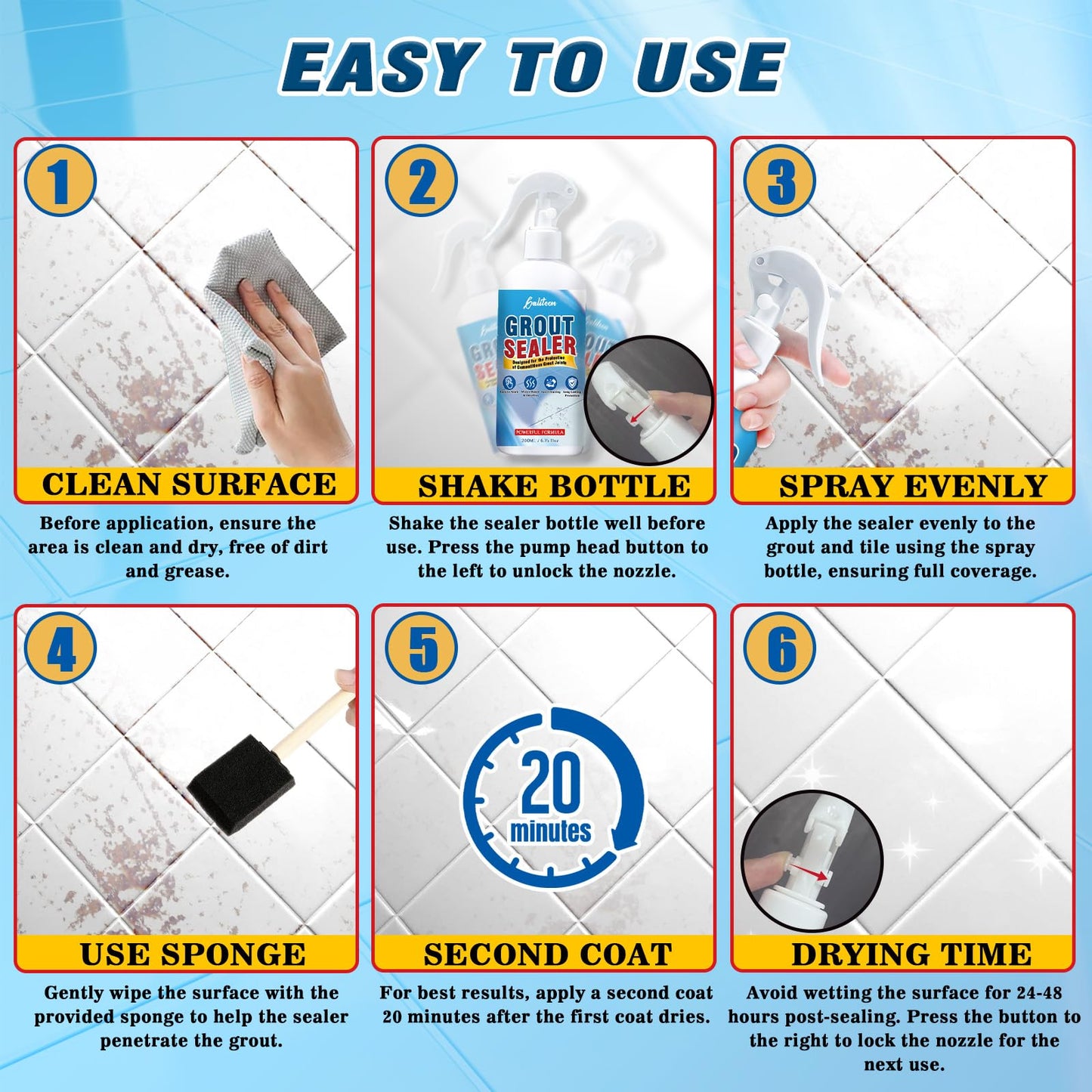 Auensten Grout Sealer, Waterproof Grout Sealant Spray, Long Lasting Clear Sealers for Shower Tile, Floors, Protect Marble, Ceramic & Granite Surface Grouts Cleaner