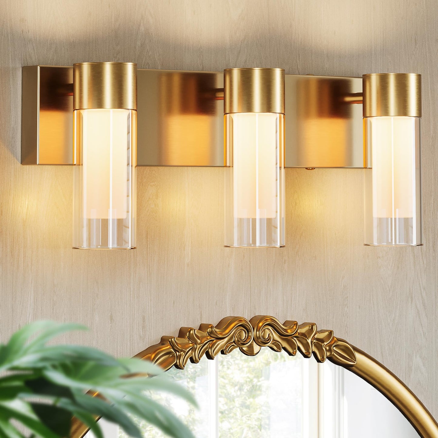 Tribesigns LED Bathroom Light Fixtures, 3-Light Vanity Lights Over Mirror, Wall Lights with 3 Color Modes & Gold Finish, Wall Sconces with Clear Glass Shades for Bathroom Hallway Bedroom